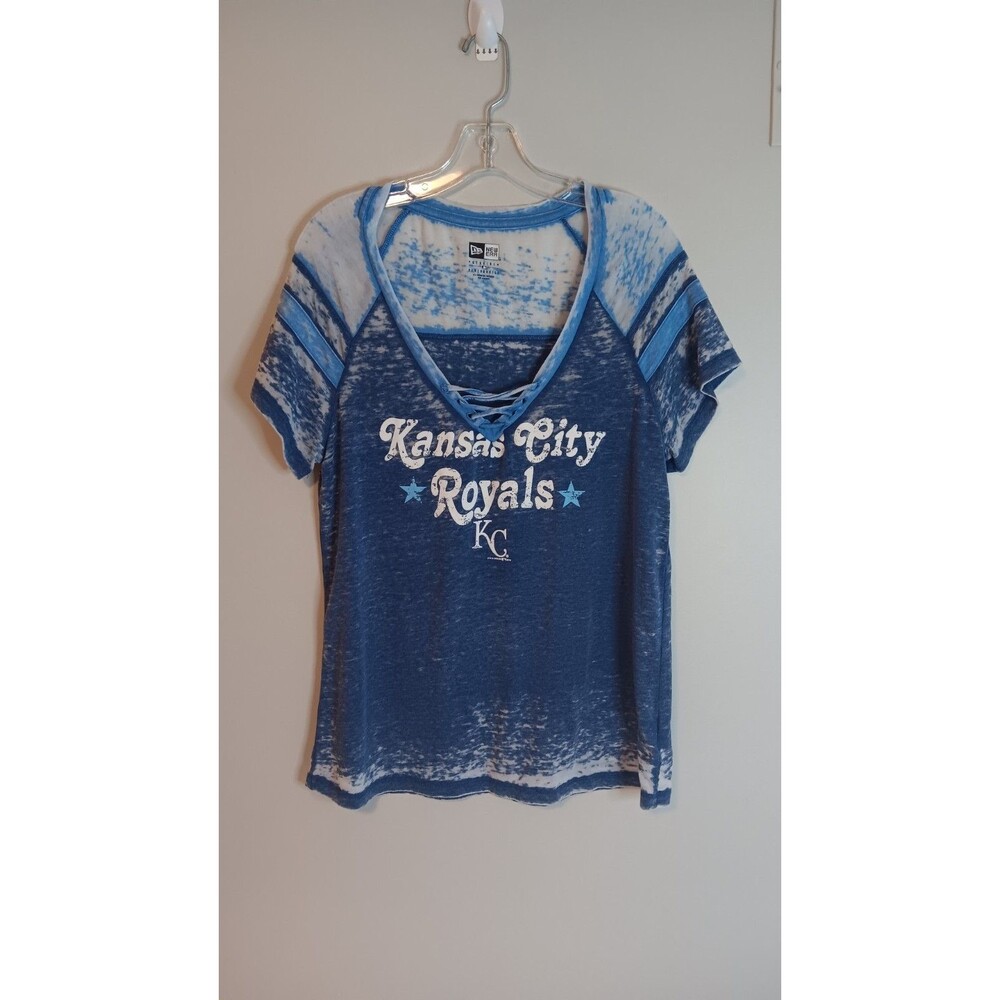 Kansas City Royals Womens T- Shirt Large Blue Simi Sheer V Neck New Era